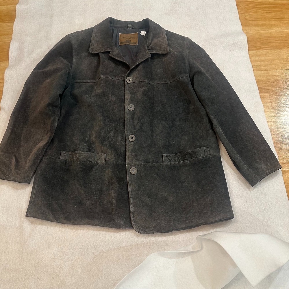 Vtg St Johns Bay Womens Leather Suede Chore Jacket Charcoal Gray 1X Coat Plus